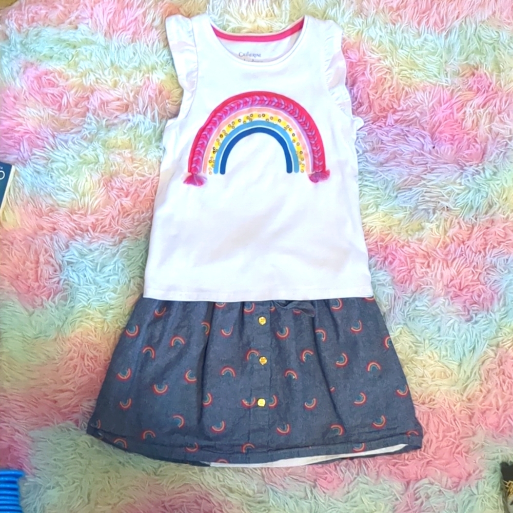 Girls rainbow tank t-shirt and matching blue skirt with tiny rainbows
